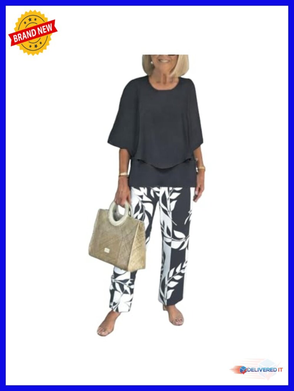 2 Piece Pant Sets for Women 3/4 Sleeve Boho Floral Wide Leg Pants Lounge